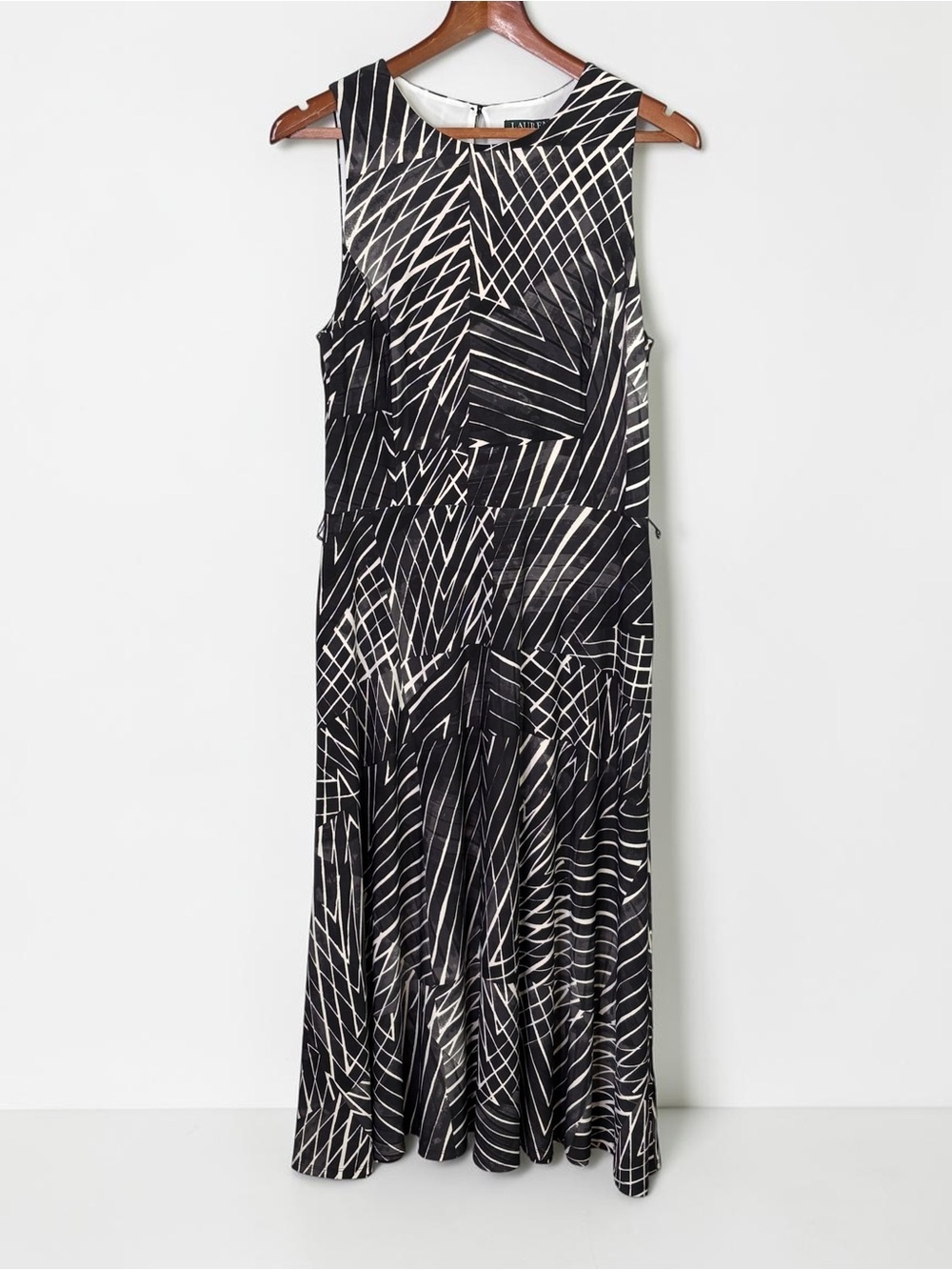 Lauren Ralph Lauren Geometric Midi Dress 12 Tie Waist Black Gray Ivory - Picture 6 of 13